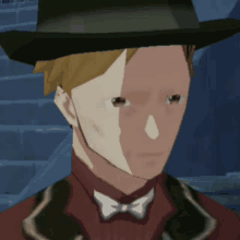 a man wearing a hat and a bow tie has a shadow on his face