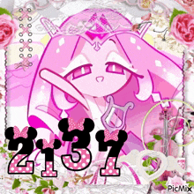a picture of a girl with a harp and the numbers 3137