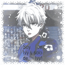 a boy with white hair and a blue shirt is standing in front of a stadium .