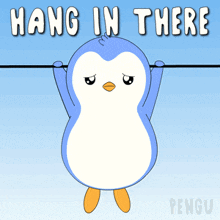 a penguin hanging from a wire with the words hang in there written above it