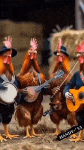a group of chickens are playing instruments and singing .