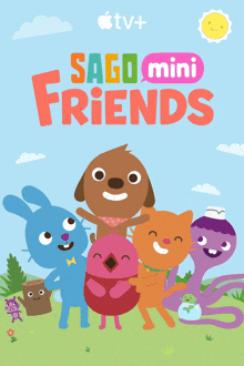 a poster for sago mini friends shows a dog rabbit cat and octopus