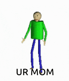 a man in a green shirt and blue pants is dancing and says ur mom .