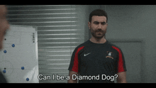 a man standing in front of a white board with the words can i be a diamond dog