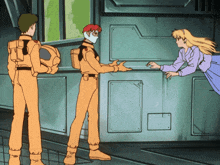 a group of anime characters are standing in front of a door
