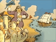 a cartoon of a man standing on a dock with a ship in the background with the website gifrun.com visible
