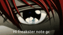 a close up of a person 's eye with the words hi freakster note gc written below it