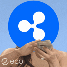 a woman is holding a stack of money in front of a blue circle with the word eco on it
