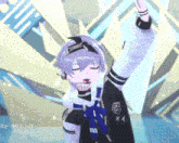 a girl with headphones and a shield on her jacket has her arms in the air