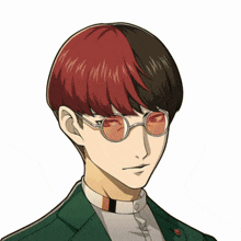 a man with red and black hair is wearing glasses