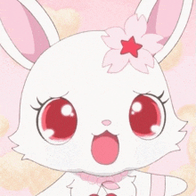 a white rabbit with a red flower on its head is crying .