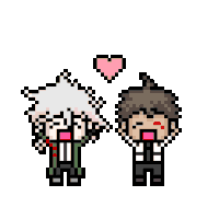 a pixel art of a boy and a girl standing next to each other with a pink heart above them .