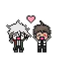 a pixel art of a boy and a girl standing next to each other with a pink heart above them .
