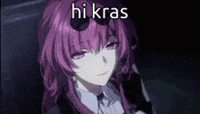 a girl with purple hair is smiling and holding a gun in a dark room .