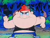 a cartoon character has a tattoo on his arm that says ' x '