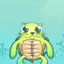 a cartoon drawing of a cat in a green shell