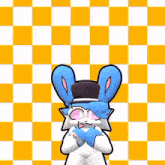 two cartoon rabbits are standing next to each other on a checkered yellow and white background .