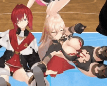 a couple of anime girls are sitting on a basketball court