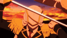 a man in a suit holds a sword in front of his head