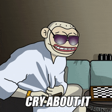 a cartoon of a man sitting on a couch with the words cry about it below him