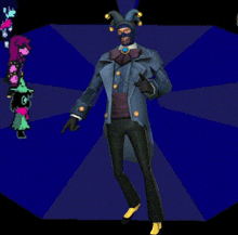 a man in a suit with a jester 's mask on his face is dancing on a stage .