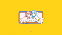 a drawing of two anime girls with a yellow background and a blue border