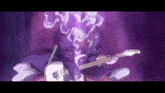 a man in a purple suit is playing a guitar in a purple room .