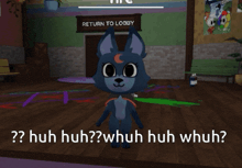 a blue cat is standing in front of a return to lobby sign