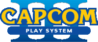 a logo for capcom play system in blue and yellow