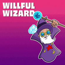 a cartoon of a wizard holding a wand with the words willful wizard below him
