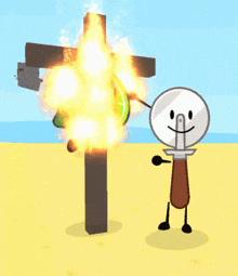 a cartoon character is standing in front of an explosion