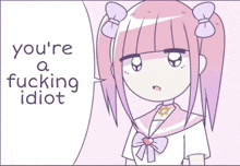 a cartoon of a girl with purple hair says you 're a fucking idiot