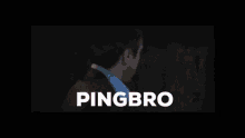 a man in a suit and goggles is standing in an elevator with the words pingbro behind him