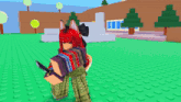 a girl with red hair and cat ears is sitting on a green brick floor