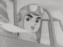a black and white cartoon of a man wearing a helmet and goggles flying an airplane .