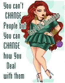 a woman with red hair is wearing a green dress and heels and holding a purple flower .