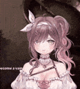 a close up of a girl with the words " come a vam " behind her