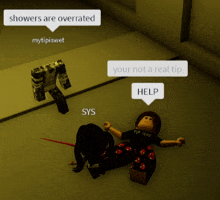 a cartoon character is laying on the floor with a speech bubble that says showers are overrated