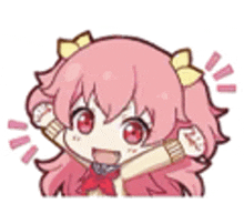a cartoon girl with pink hair and red eyes is holding a microphone .