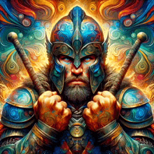 a colorful painting of a bearded warrior with a helmet and swords