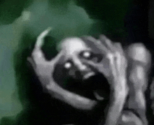 a black and white painting of a scary monster with glowing eyes
