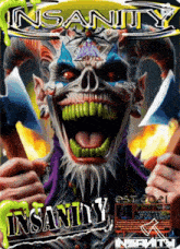 a clown with horns and a beard is on the cover of insanity