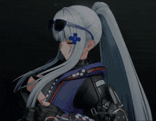 a girl with long white hair wearing sunglasses and a blue cross on her head