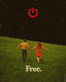 a man and a woman holding hands in a field with the word free written on the bottom