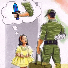 a man in a military uniform is holding a suitcase and a little girl is holding a sword