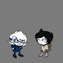 two cartoon characters standing next to each other with one holding a green cube