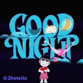 a girl is holding a heart in front of a sign that says " good night "