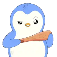 a blue and white penguin is holding a bat in its mouth