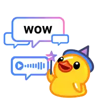 a yellow rubber duck is holding a wand in front of a speech bubble with wow written on it