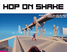 a screenshot of a video game with the words hop on shake at the top